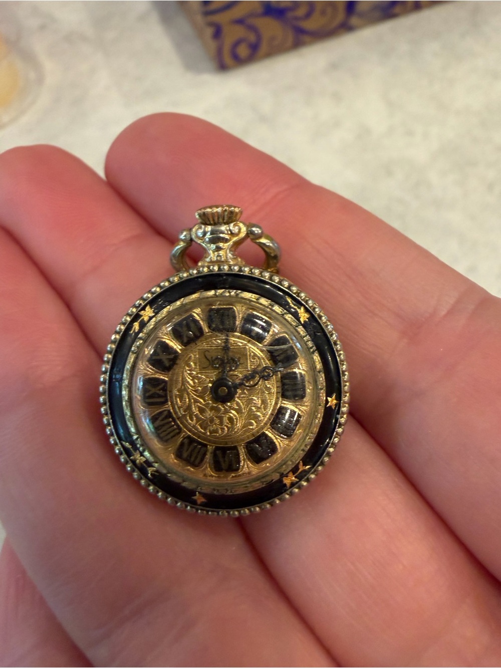 Vintage-Inspired Gold and Black Pocket Watch Pendant Necklace